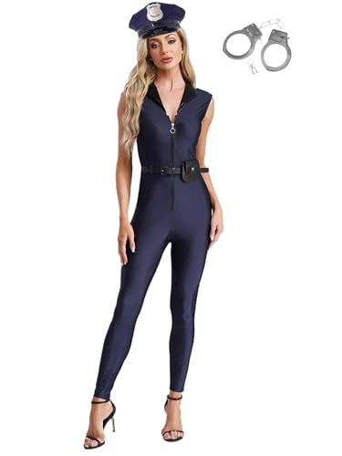 Fldy Damen Polizistin Kostüm Langer Overall Polizei Kostüm Accessoires 4 Teiler Set Halloween Fasching Kostüm Cosplay Party Clubwear Marineblau 3XL von Fldy