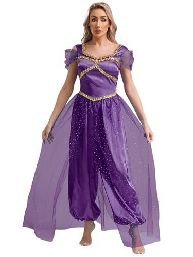 Fldy Damen Prinzessin Kostüm Orientalische Arabische Kleidung Tüll Pailletten Overall Pumphose Fasching Halloween Kostüm Tanz Party Verkleidung Dunkelviolett 4XL von Fldy