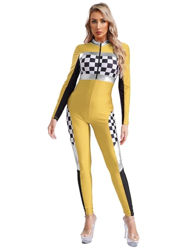 Fldy Damen Rennfahrer Kostüm Langarm Erwachsene Motorrad Overall Slim Rennwagen Kostüm Für Halloween Cosplay Karneval Party Gelb S von Fldy