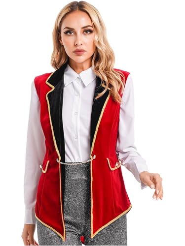 Fldy Damen Ringmaster Kostüm Zirkus Direktor Jacke Ärmellos Samt Frack Weste Frauen Halloween Faschingskostüm Tailcoat Vest Rot M von Fldy