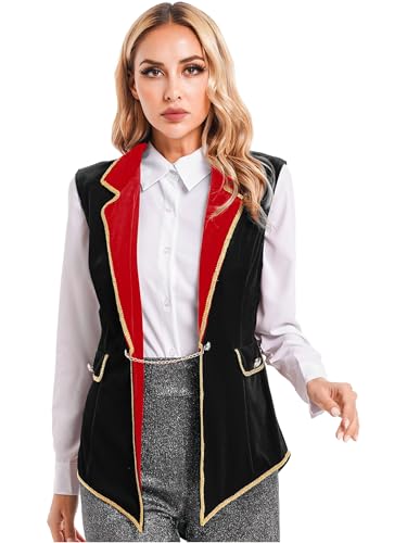 Fldy Damen Ringmaster Kostüm Zirkus Direktor Jacke Ärmellos Samt Frack Weste Frauen Halloween Faschingskostüm Tailcoat Vest Schwarz S von Fldy