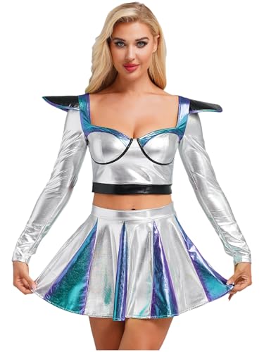 Fldy Damen Space Alien Kostüm Glänzend Holograpfisch Metallic Top Rock Set Glitzer Fasching Party Cheerleading Outfit Blau XL von Fldy