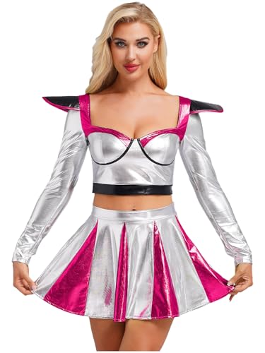 Fldy Damen Space Alien Kostüm Glänzend Holograpfisch Metallic Top Rock Set Glitzer Fasching Party Cheerleading Outfit Hotpink XXL von Fldy