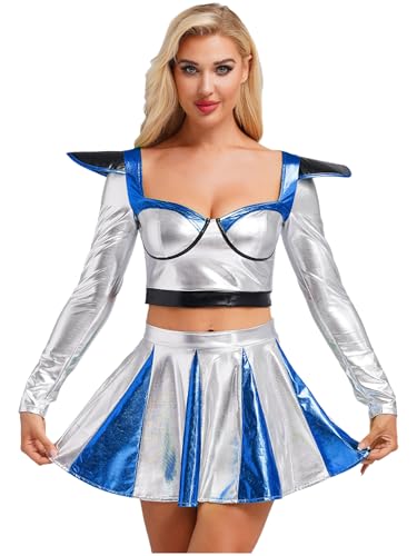 Fldy Damen Space Alien Kostüm Glänzend Holograpfisch Metallic Top Rock Set Glitzer Fasching Party Cheerleading Outfit Königsblau M von Fldy