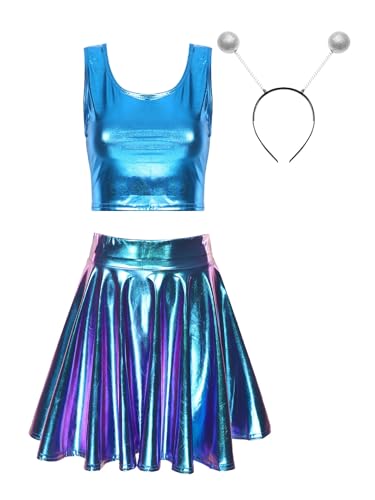 Fldy Damen Space Alien Kostüm Haarreif Metallic Crop Tank Top Glitzer Mini Skater Rock Set Holographic Festival Fasching Kostüm Party Clubwear Blau-lila S von Fldy