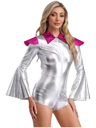 Fldy Damen Space Girl Alien Kostüm Karneval Glänzend Holograpfisch Metallic Catsuit Glitzer Disco Overall Party Fasching Kostüm Hotpink S von Fldy