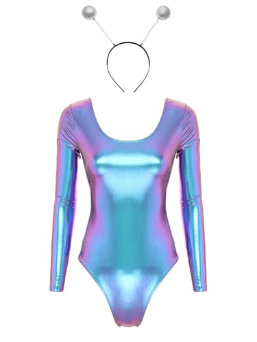 Fldy Damen Space Girl Kostüm Alien Haarreif Glänzend Holographic Metallic Catsuit Festival Party Outfit Karneval Alien Girl Space Cop Cosplay Outfit Bunt XL von Fldy