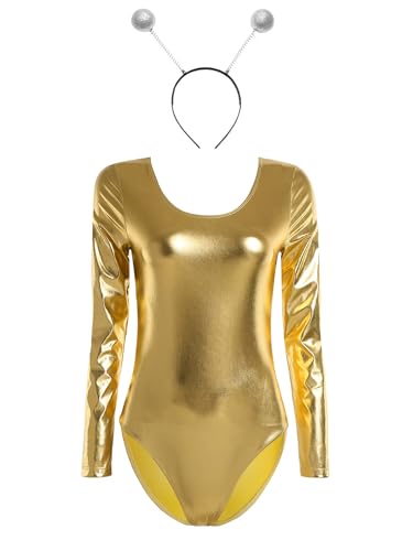 Fldy Damen Space Girl Kostüm Alien Haarreif Glänzend Holographic Metallic Catsuit Festival Party Outfit Karneval Alien Girl Space Cop Cosplay Outfit Gold L von Fldy