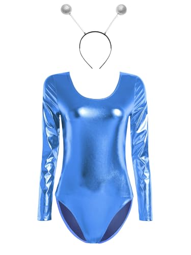 Fldy Damen Space Girl Kostüm Alien Haarreif Glänzend Holographic Metallic Catsuit Festival Party Outfit Karneval Alien Girl Space Cop Cosplay Outfit Hellblau 3XL von Fldy