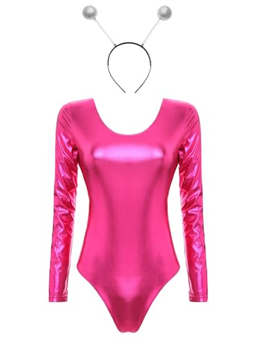 Fldy Damen Space Girl Kostüm Alien Haarreif Glänzend Holographic Metallic Catsuit Festival Party Outfit Karneval Alien Girl Space Cop Cosplay Outfit Hot Pink M von Fldy