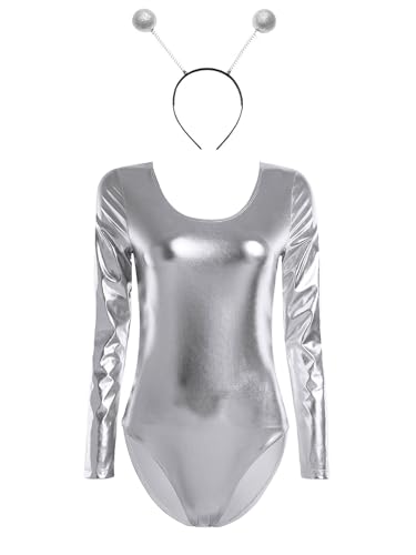 Fldy Damen Space Girl Kostüm Alien Haarreif Glänzend Holographic Metallic Catsuit Festival Party Outfit Karneval Alien Girl Space Cop Cosplay Outfit Silber M von Fldy