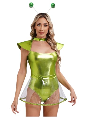 Fldy Damen Space Kostüm Alien Girl Haarreif Und Glitzer Metallic Body Mit Transparent PVC Rock Set Halloween Karneval Kostüm Cosplay Party Outfit Neongrün XL von Fldy