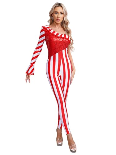 Fldy Damen Weihnachten Kostüm Ein-Schulter Streifenmuster Jumpsuit Glitzer Ganzkörperanzug Xmas Outfit Tanzkostüm Tanz Trikot Leotard Rot XXL von Fldy