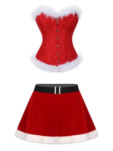 Fldy Damen Weihnachten Outfit Vollbrust Korsett Und Mini Skater Rock 2er Set Miss Santa Kleid Babydoll Negligee Chrismas Party Outfit Rot-Korsett L von Fldy