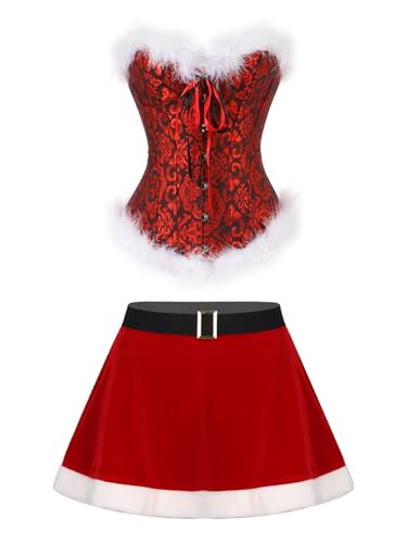 Fldy Damen Weihnachten Outfit Vollbrust Korsett Und Mini Skater Rock 2er Set Miss Santa Kleid Babydoll Negligee Chrismas Party Outfit Schwarz&Rot-Korsett 3XL von Fldy