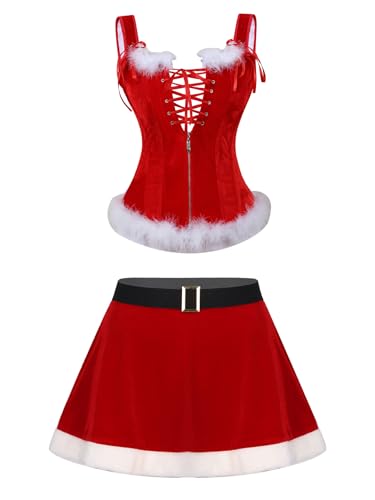 Fldy Damen Weihnachten Outfit Vollbrust Korsett Und Mini Skater Rock 2er Set Miss Santa Kleid Babydoll Negligee Chrismas Party Outfit Träger-Korsett S von Fldy