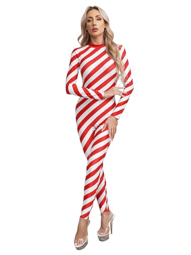 Fldy Damen Weihnachten Zuckerstangen Kostüm Streifenmuster Jumpsuit Ganzkörperanzug Gymnastik Tanztrikot Xmas Outfit Tanzkostüm Leotard Rot XXL von Fldy