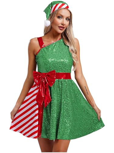 Fldy Damen Weihnachtskleid Glitzer Weihnachtselfe Kostüm Mrs Santa Kleid Weihnachtshut Set Karneval Party Cosplay Xmas Outfit Grün XXL von Fldy