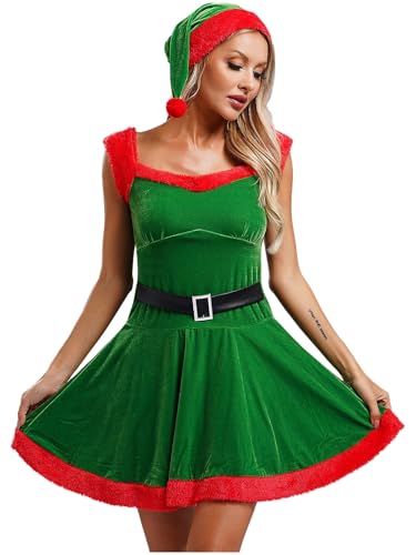 Fldy Damen Weihnachtskostüm Weihnachtself Miss Santa Kleid Weihnachtshut Weihnachten Zubeör Set Weihnachtsparty Outfit Rot/Grün Grün L von Fldy