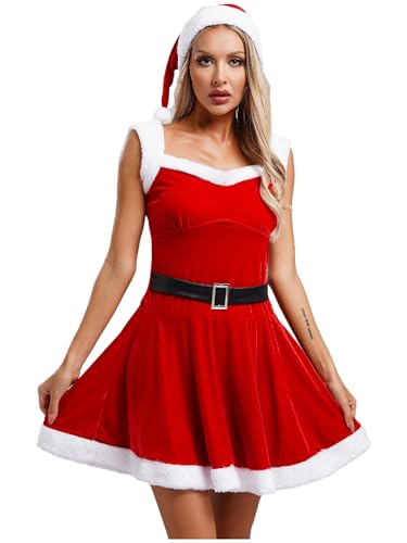 Fldy Damen Weihnachtskostüm Weihnachtself Miss Santa Kleid Weihnachtshut Weihnachten Zubeör Set Weihnachtsparty Outfit Rot/Grün Rot L von Fldy