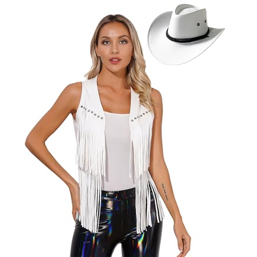 Fldy Damen Westen Cowgirl Kostüm 60er Jahre 70er Jahre Hippie Kostüm Set Fransenweste Hut Rodeo Ranger Halloween Fasching Kostüm Weiß L von Fldy