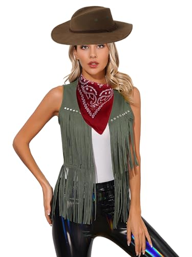 Fldy Damen Westen Cowgirl Kostüm Cowboy Hut Bandana Fransenweste Set Rodeo Ranger 60er Jahre 70er Jahre Hippie Kostüm Halloween Fasching Kostüm Armeegrün L von Fldy