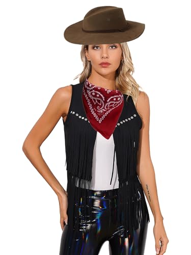 Fldy Damen Westen Cowgirl Kostüm Cowboy Hut Bandana Fransenweste Set Rodeo Ranger 60er Jahre 70er Jahre Hippie Kostüm Halloween Fasching Kostüm Schwarz L von Fldy