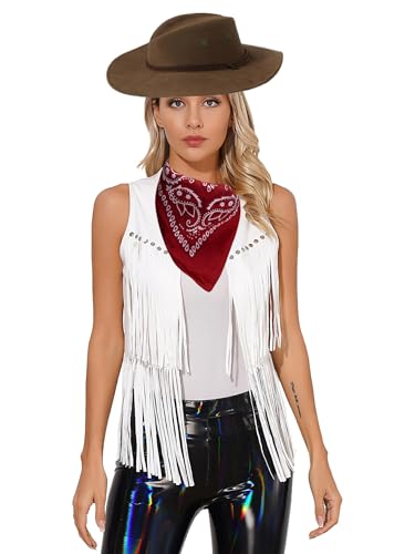 Fldy Damen Westen Cowgirl Kostüm Cowboy Hut Bandana Fransenweste Set Rodeo Ranger 60er Jahre 70er Jahre Hippie Kostüm Halloween Fasching Kostüm Weiß L von Fldy