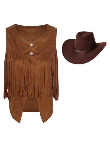 Fldy Damen Westen Cowgirl Kostüm Cowboy Hut Fransenweste Set Rodeo Ranger 60er Jahre 70er Jahre Hippie Kostüm Halloween Fasching Kostüm Braun L von Fldy