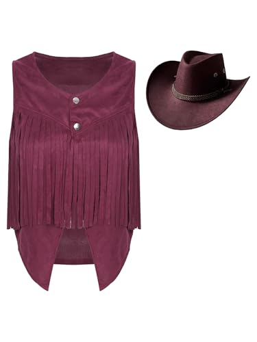 Fldy Damen Westen Cowgirl Kostüm Cowboy Hut Fransenweste Set Rodeo Ranger 60er Jahre 70er Jahre Hippie Kostüm Halloween Fasching Kostüm Hotpink XL von Fldy