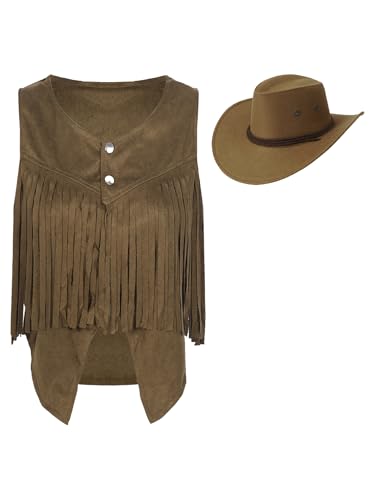 Fldy Damen Westen Cowgirl Kostüm Cowboy Hut Fransenweste Set Rodeo Ranger 60er Jahre 70er Jahre Hippie Kostüm Halloween Fasching Kostüm Olivgrün XXL von Fldy