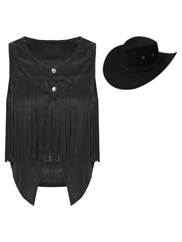 Fldy Damen Westen Cowgirl Kostüm Cowboy Hut Fransenweste Set Rodeo Ranger 60er Jahre 70er Jahre Hippie Kostüm Halloween Fasching Kostüm Schwarz M von Fldy