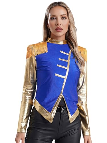 Fldy Damen Zirkus Kostüm Ringmaster Jacke Retro Blazer Mit Fransen-Schulterklappe Militair Marschkapellen Schlagzeuger Drummer Uniform Mantel Top Königsblau XL von Fldy