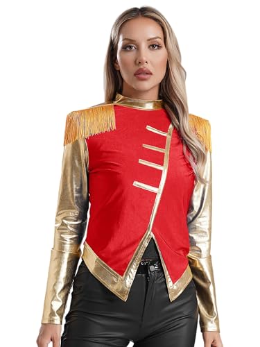 Fldy Damen Zirkus Kostüm Ringmaster Jacke Retro Blazer Mit Fransen-Schulterklappe Militair Marschkapellen Schlagzeuger Drummer Uniform Mantel Top Rot M von Fldy