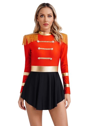 Fldy Damen Zirkus Kostüm Zirkusdirektor Kleid Mit Quasten-Epaulette Damen Dompteur Kostüm Karneval Halloween Kostüm Mottoparty Tanz Outfits Rot M von Fldy