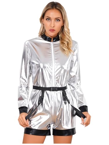 Fldy Erwachsene Damen Astronauten Kostüm Overall Metallic Space Weltraumfahrer Kostüm Cosplay Outfit Für Karneval Fasching Party Silber M von Fldy