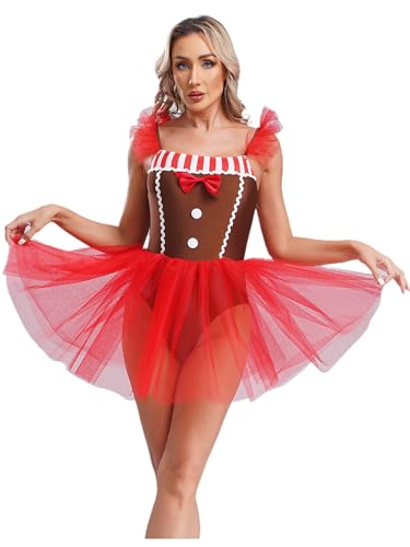 Fldy Erwachsene Damen Weihnachtskostüm Lebkuchen Kleid Ärmellos Tutu Ballett Tanzkleid Trikot Weihnachten Fasching Party Kleid Outfit Braun L von Fldy