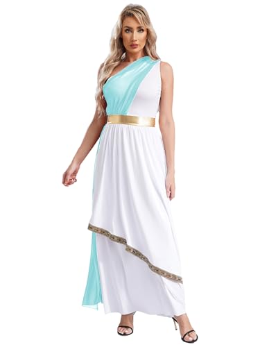 Fldy Frauen Kostüm Griechische Göttin Kleid Griechische Toga Ein-Schulter Faschnacht Karnevalskostüm Olympia Venus Aphrodite Cosplay Outfit Hellblau M von Fldy