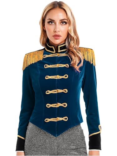 Fldy Frauen Zirkus Kostüm Zirkusdirektor Jacke Hut Handschuhe Damen Karneval Magier Kostüm Faschnacht Drummer Uniform Dunkelblau L von Fldy