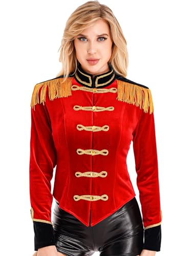 Fldy Frauen Zirkus Kostüm Zirkusdirektor Jacke Hut Handschuhe Damen Karneval Magier Kostüm Faschnacht Drummer Uniform Rot S von Fldy