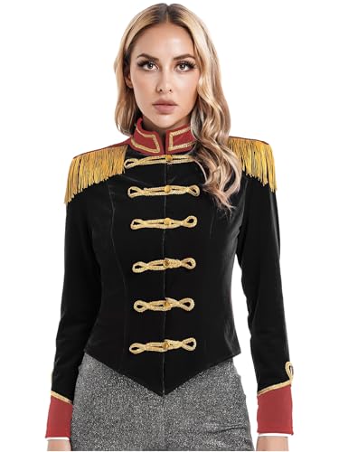 Fldy Frauen Zirkus Kostüm Zirkusdirektor Jacke Hut Handschuhe Damen Karneval Magier Kostüm Faschnacht Drummer Uniform Schwarz 3XL von Fldy