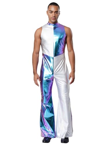 Fldy Herren 70er 80er Jahre Disco Outfit Glitzer Metallic Farbblock Jumpsuit Mit Schlag Hippie Kleidung Fasching Party Clubwear A_Blau XL Fldy Herren 70er 80er Jahre Disco Outfit Glitzer Metallic Farbblock Jumpsuit Mit Schlag Hippie Kleidung Fasching Party Clubwear A_Blau XL von Fldy