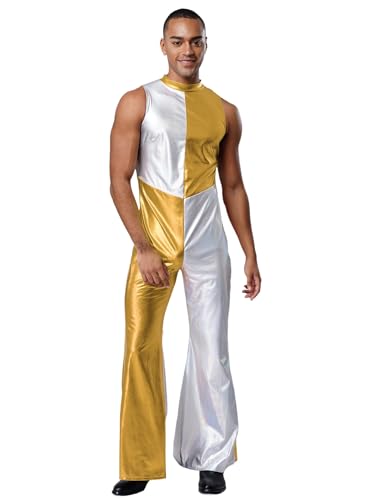 Fldy Herren 70er 80er Jahre Disco Outfit Glitzer Metallic Farbblock Jumpsuit Mit Schlag Hippie Kleidung Fasching Party Clubwear A_Gold L Fldy Herren 70er 80er Jahre Disco Outfit Glitzer Metallic Farbblock Jumpsuit Mit Schlag Hippie Kleidung Fasching Party Clubwear A_Gold L von Fldy