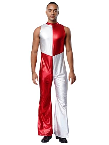 Fldy Herren 70er 80er Jahre Disco Outfit Glitzer Metallic Farbblock Jumpsuit Mit Schlag Hippie Kleidung Fasching Party Clubwear A_Rot 3XL Fldy Herren 70er 80er Jahre Disco Outfit Glitzer Metallic Farbblock Jumpsuit Mit Schlag Hippie Kleidung Fasching Party Clubwear A_Rot 3XL von Fldy