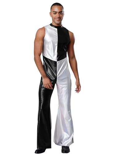 Fldy Herren 70er 80er Jahre Disco Outfit Glitzer Metallic Farbblock Jumpsuit Mit Schlag Hippie Kleidung Fasching Party Clubwear A_Schwarz XXL Fldy Herren 70er 80er Jahre Disco Outfit Glitzer Metallic Farbblock Jumpsuit Mit Schlag Hippie Kleidung Fasching Party Clubwear A_Schwarz XXL von Fldy