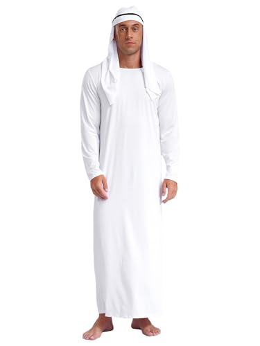 Fldy Herren Araber Scheich Kostüm Arabisches Outfits Weißes Gewand Tunika Mit Kopftuch Hallween Faschingskostüme Party Cosplay kleidung Weiß M von Fldy