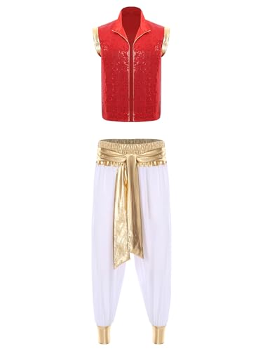 Fldy Herren Arabischer Prinz Kostüm Weste Hose Set Mottoparty Fasching Halloween Kostüm Männer Märchen Dschinn Kostüm Rot&Weiß XXL von Fldy