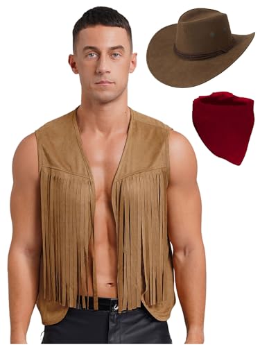 Fldy Herren Cowboy Set Weste Hut Und Bandana Hippie Kleidung Wildleder Fransen Weste Lederhut Sheriff Rodeo Ranger Cosplay Faschingskostüm Braun L von Fldy