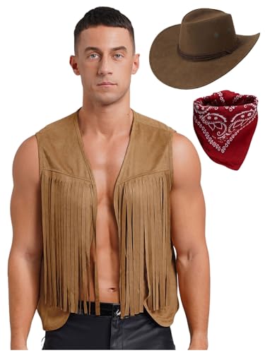 Fldy Herren Cowboy Set Weste Hut Und Bandana Hippie Kleidung Wildleder Fransen Weste Lederhut Sheriff Rodeo Ranger Cosplay Faschingskostüm Braun S von Fldy