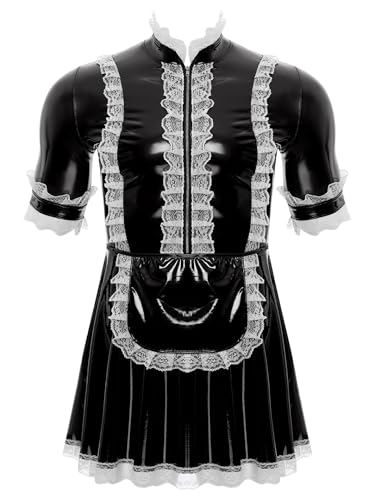 Fldy Herren Dienstmädchen Kostüm Kleid Wetlook Lackleder Sissy Maid Dress Männer Junggesellenabschied Kostüm Party Clubwear Schwarz XXL von Fldy